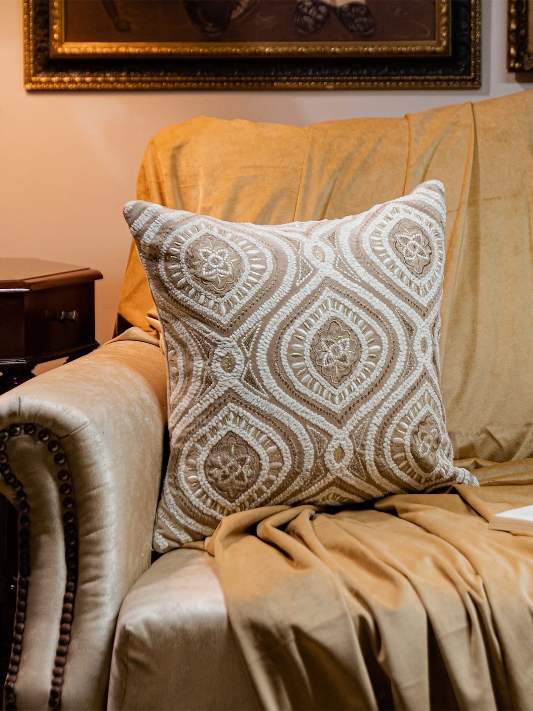 

LUSH & BEYOND Beige Embellished Velvet Square Cushion Cover