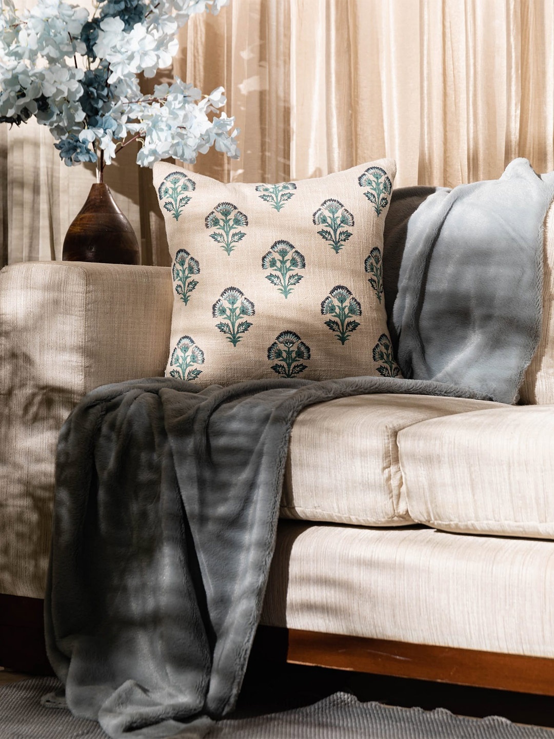 

LUSH & BEYOND Beige & Green Floral Printed & Embroidered Cotton Square Cushion Cover