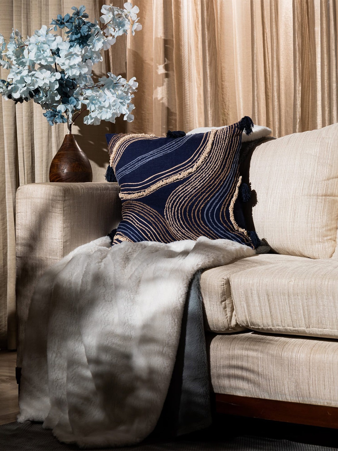 

LUSH & BEYOND Navy Blue & Beige Abstarct Embroidered Square Cushion Cover