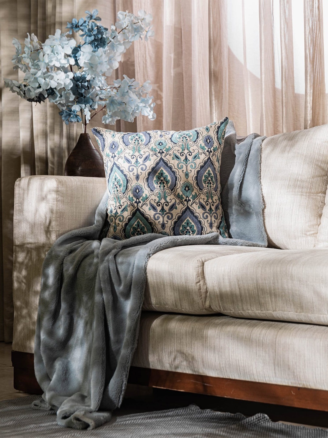 

LUSH & BEYOND Cream-Coloured & Blue Embroidered Cotton Square Cushion Cover