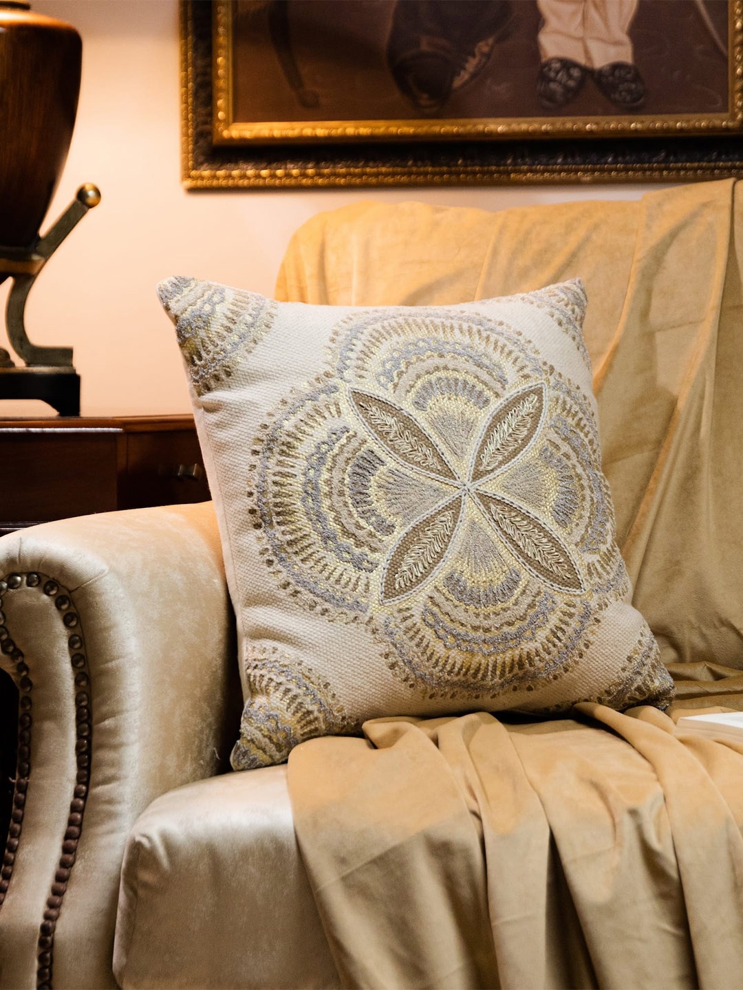 

LUSH & BEYOND Cream Printed & Embroidered Cotton Square Cushion Cover