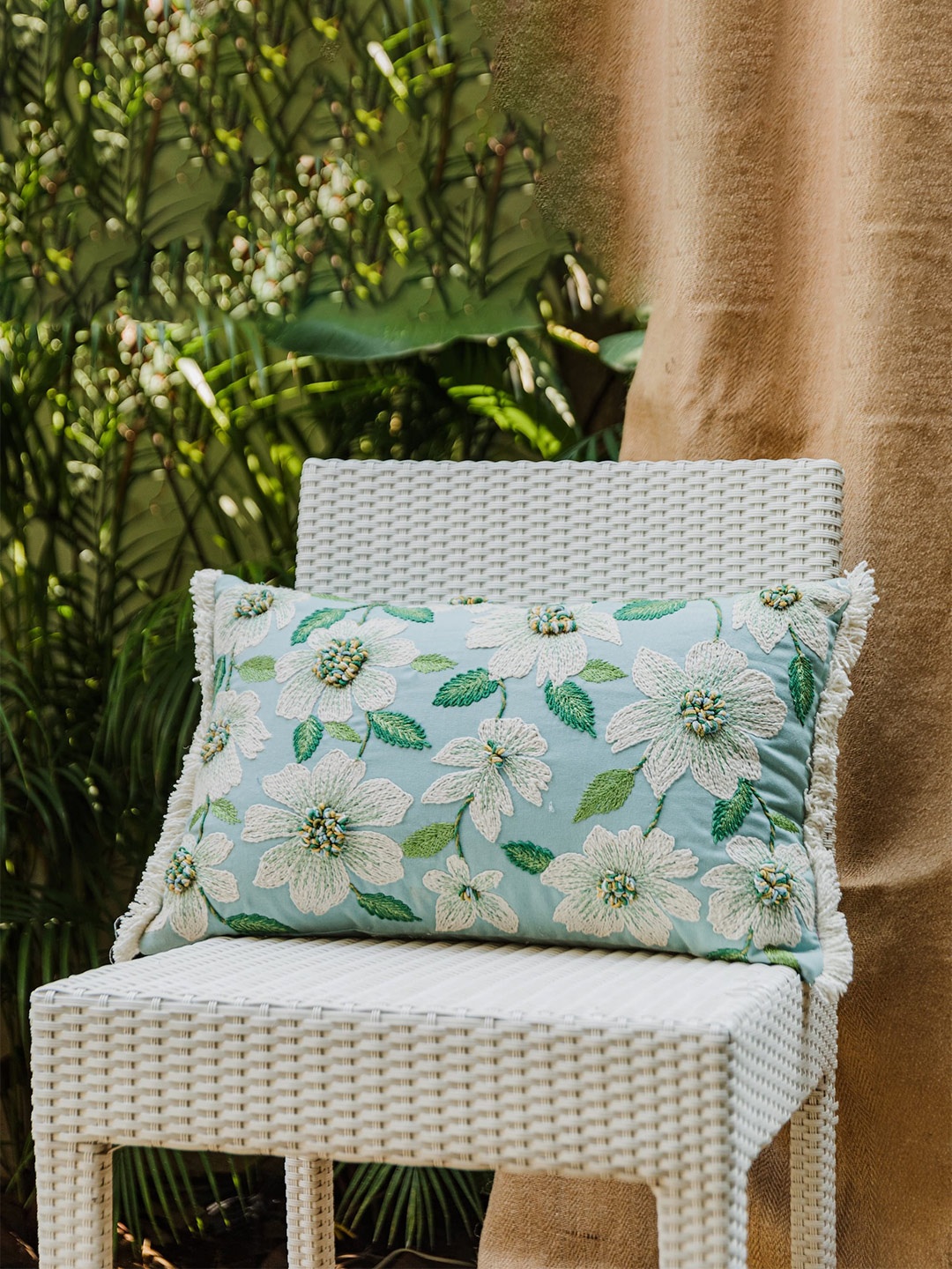 

LUSH & BEYOND Blue & White Embroidered Cotton Rectangle Cushion Cover