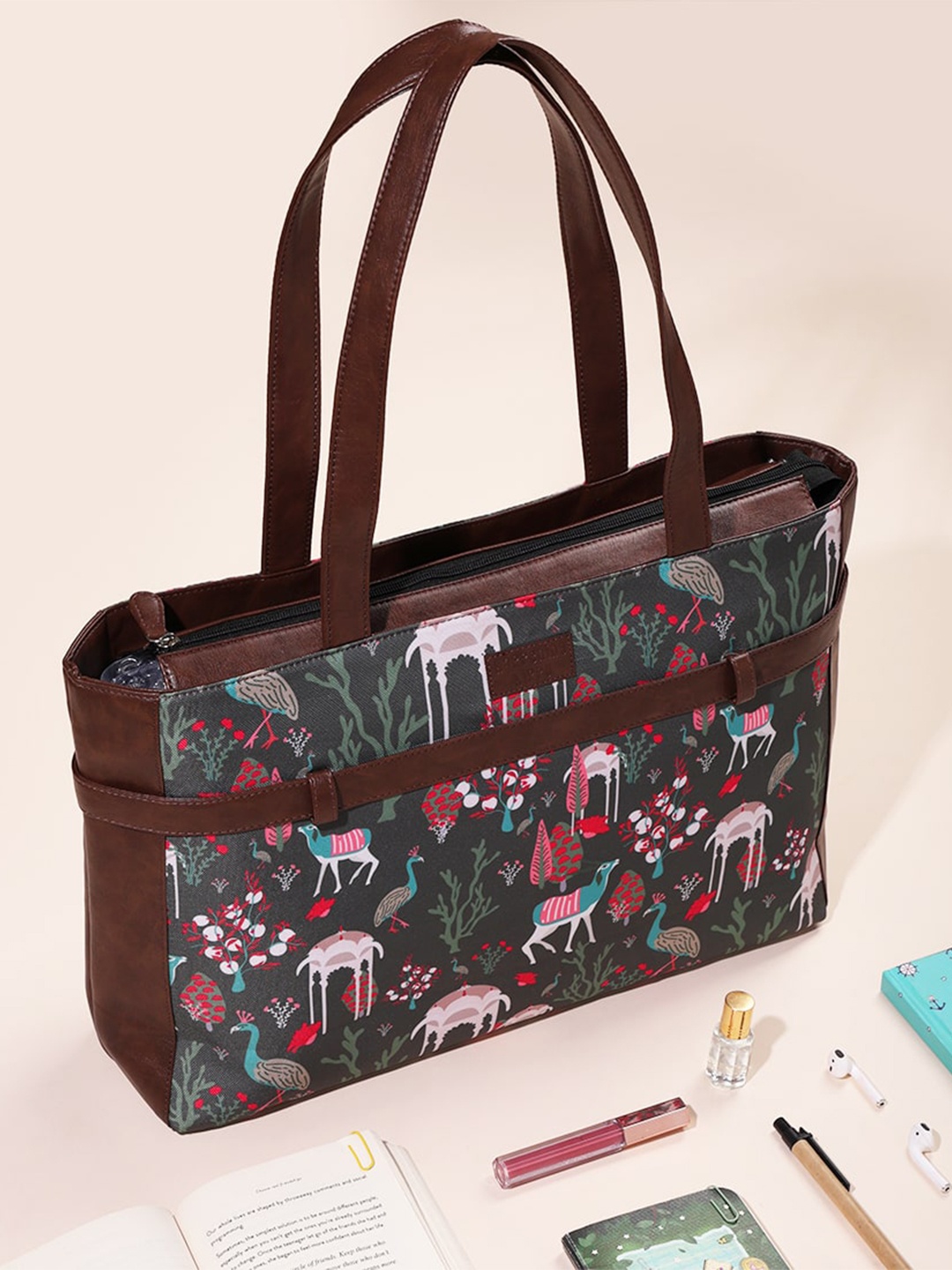 Happening Hippo Women Wildlife Floral Printed Laptop Bag Up to 15 inch, Brown