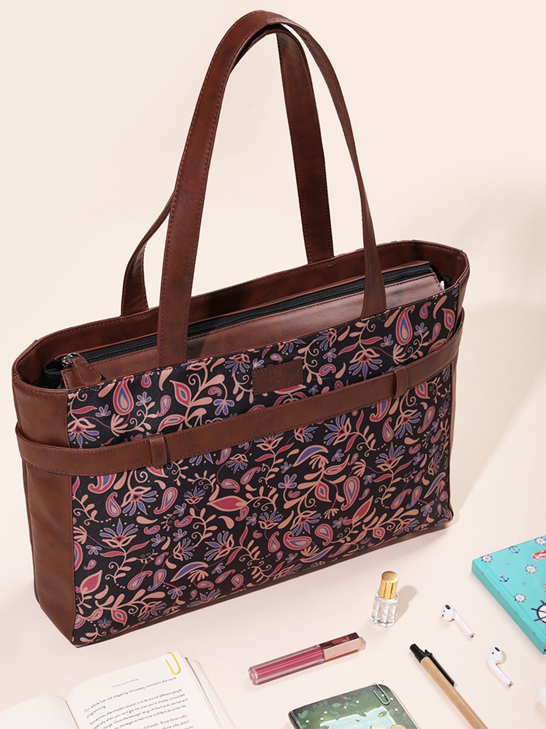 Happening Hippo Women Floral Printed Laptop Bag Up to 15 inch, Brown