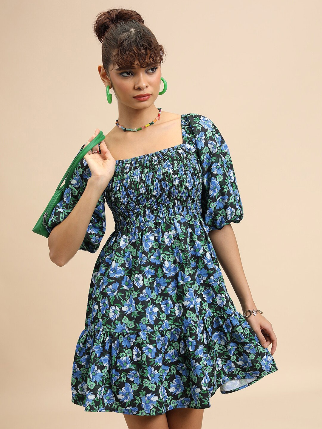 

Tokyo Talkies Black Floral Printed Puff Sleeves Fit & Flare Dress