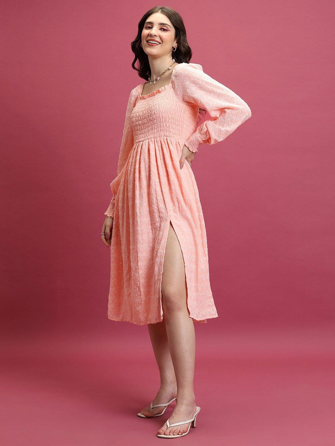 

Tokyo Talkies Pink Self Design Square Neck Smocked A-Line Midi Dress