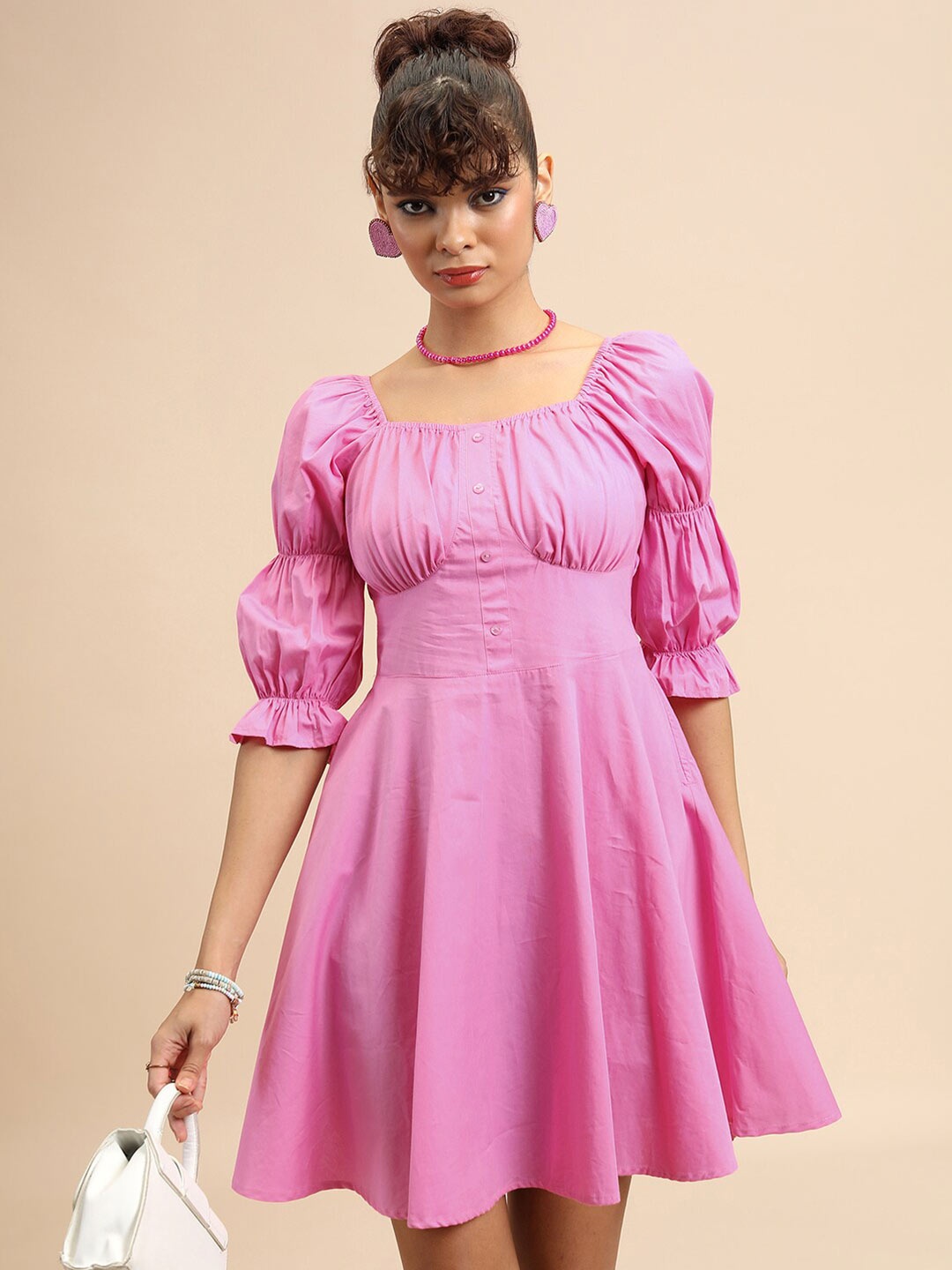 

Tokyo Talkies Pink Puff Sleeve Fit & Flare Cotton Dress