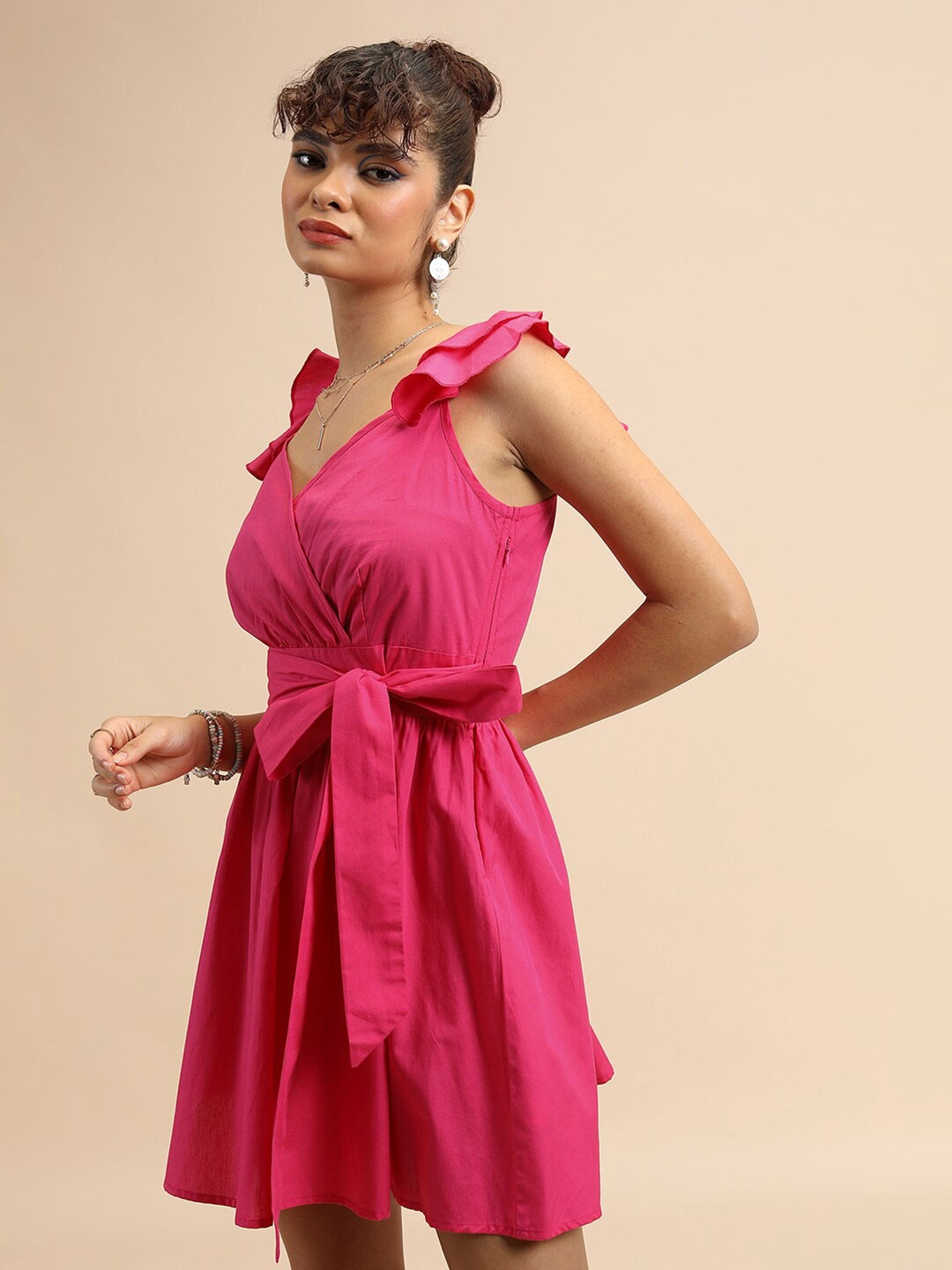 

Tokyo Talkies Pink Ruffled Cotton Fit & Flare Dress