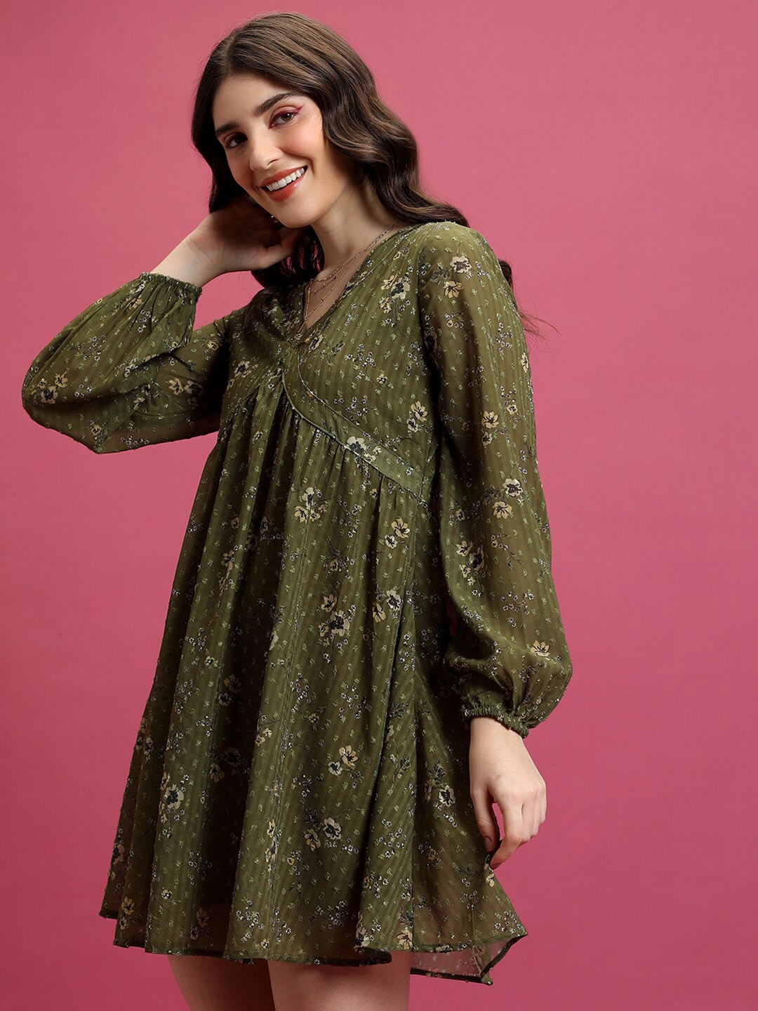 

Tokyo Talkies Olive Green Floral Printed Puff Sleeve V Neck Gathered A-Line Dress
