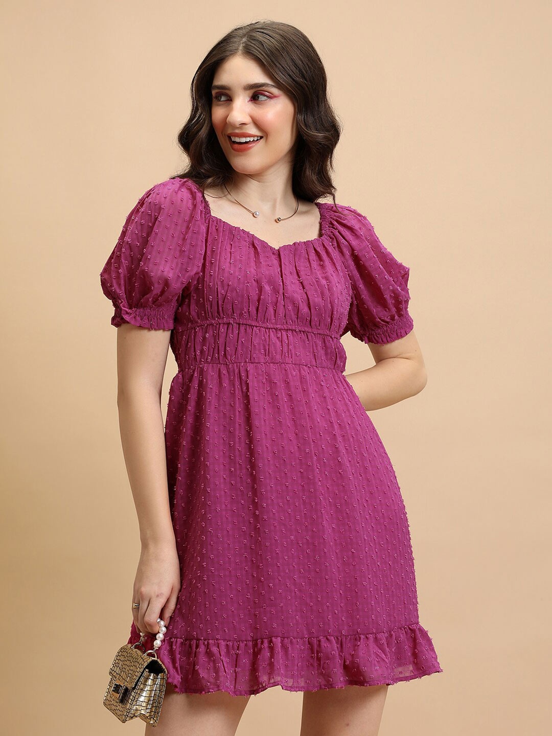 

Tokyo Talkies Pink Self Designed Square Neck Puff Sleeve Fit & Flare Dress