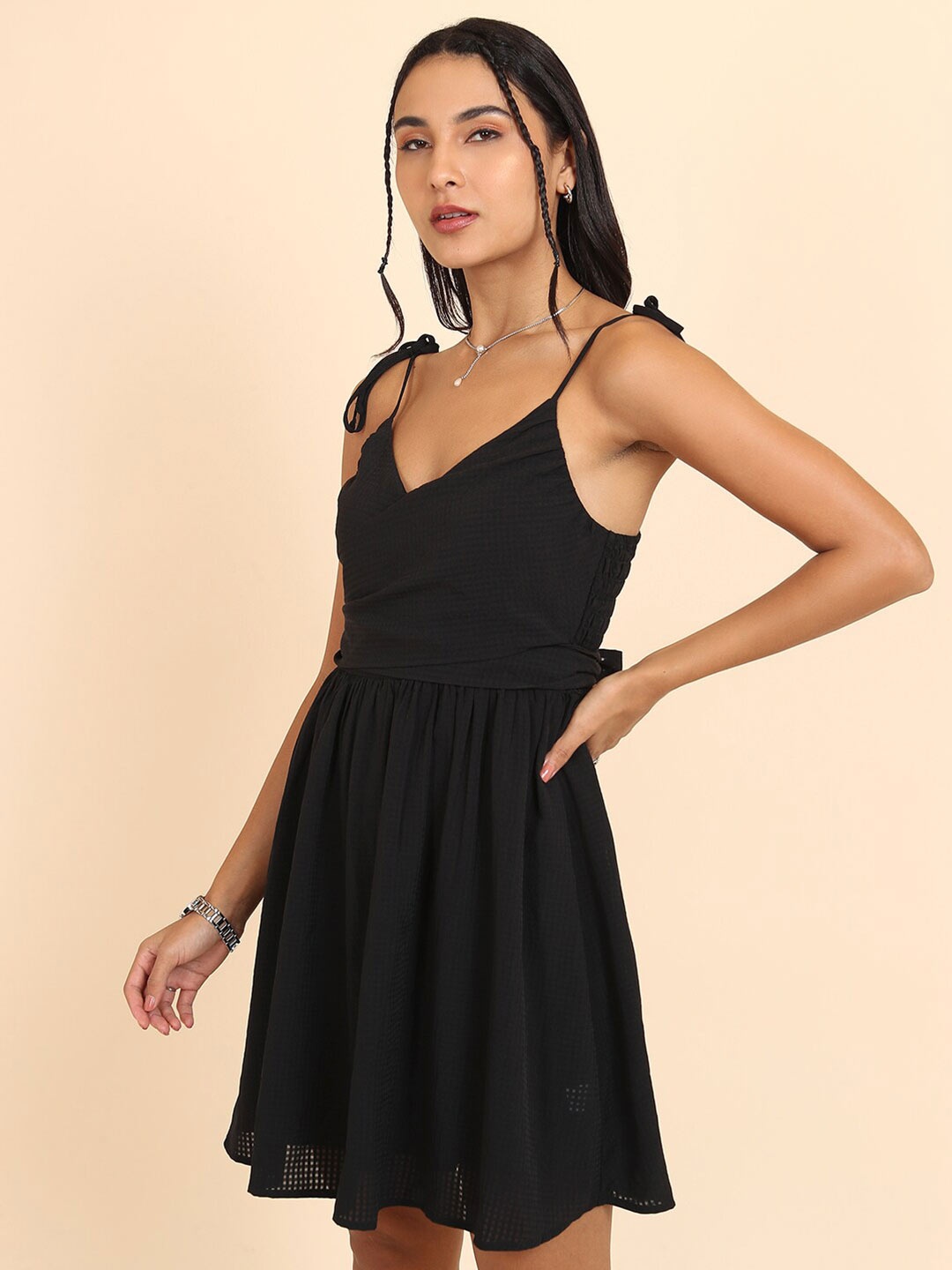 

Tokyo Talkies Black Shoulder Straps Gathered or Pleated Wrap Dress