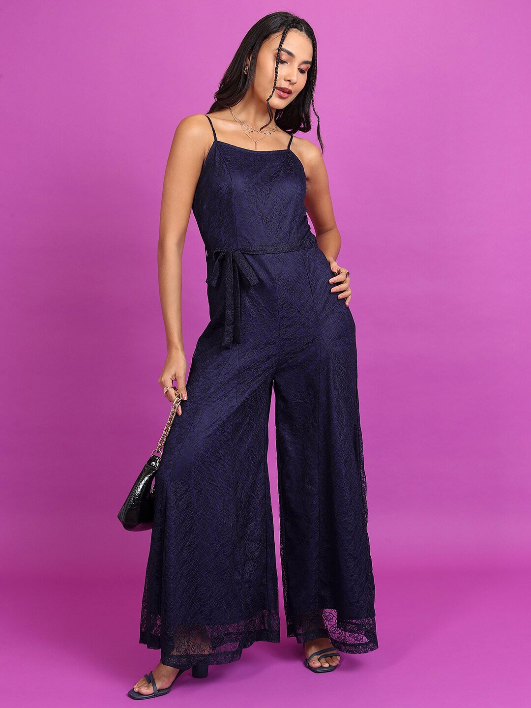 

Tokyo Talkies Self Design Shoulder Straps Basic Jumpsuit, Navy blue