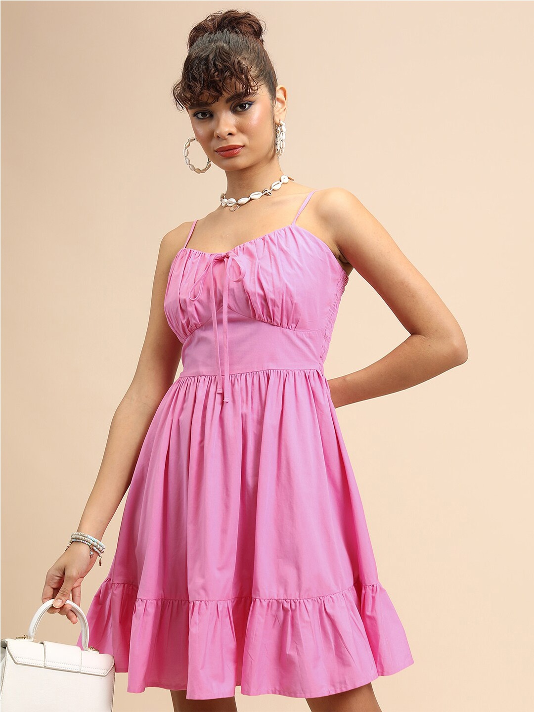 Tokyo Talkies Pink Shoulder Straps Smocked Cotton Fit & Flare Dress