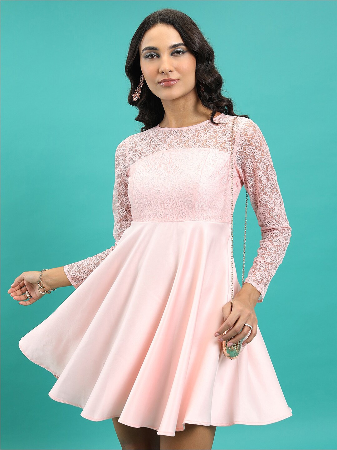 

Tokyo Talkies Pink Self Design Gathered Fit & Flare Dress