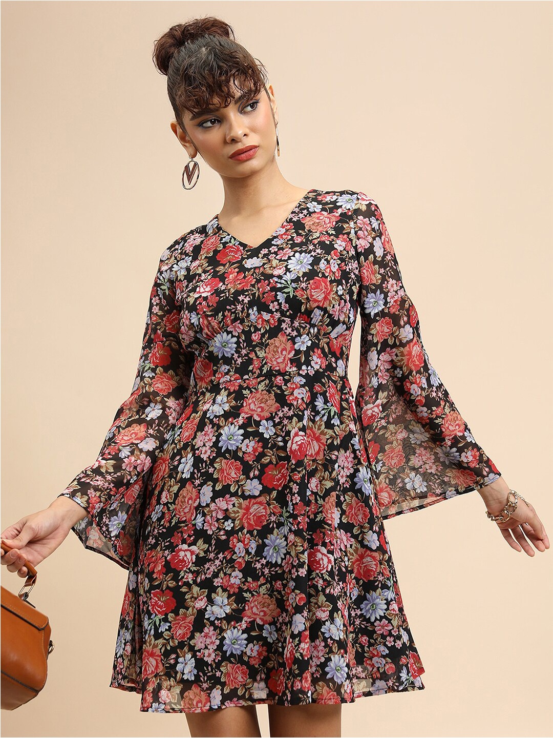 Tokyo Talkies Black & Red Floral Printed Fit & Flare Mini Dress