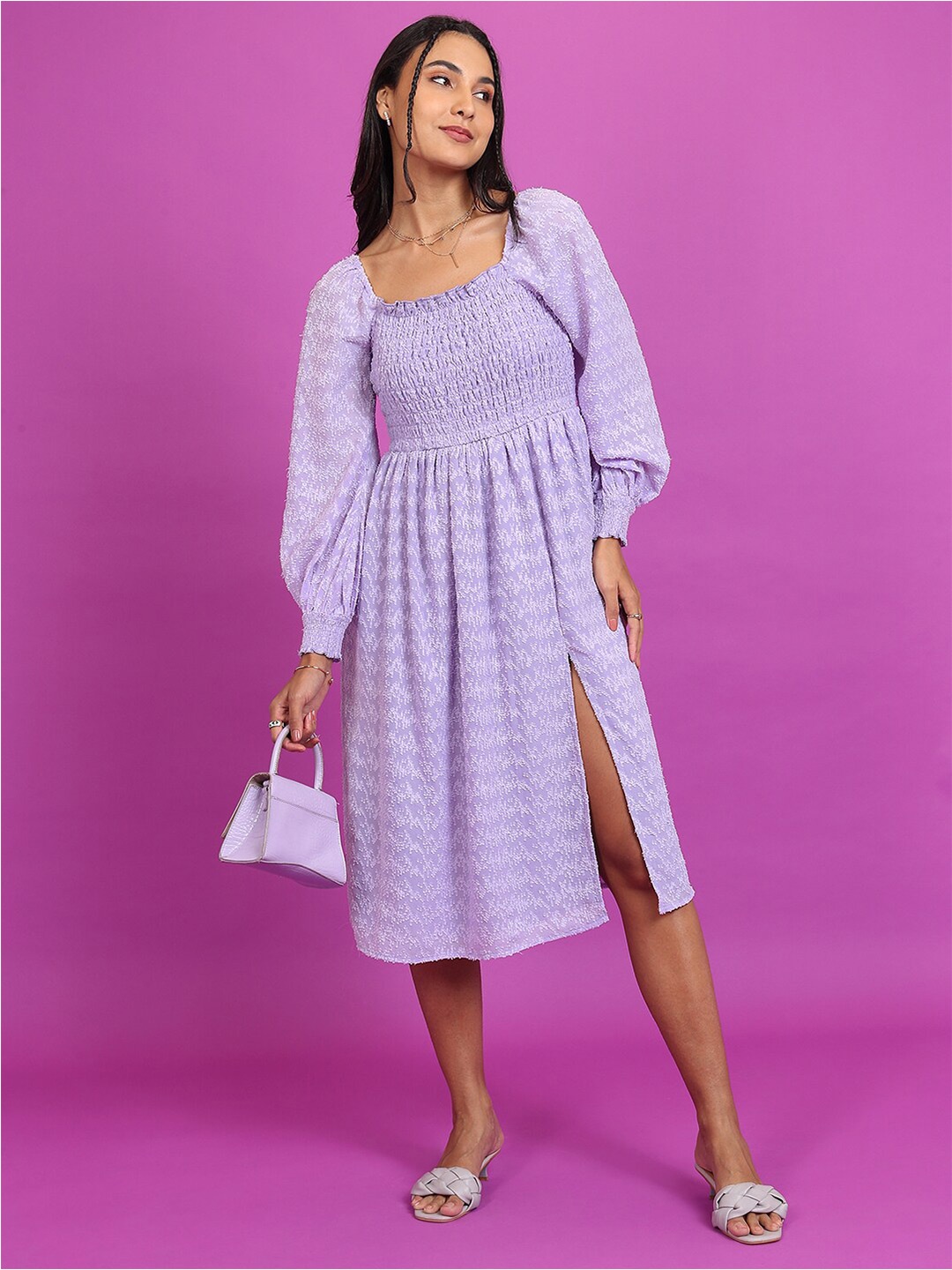 

Tokyo Talkies Purple Self Design Square Neck Smocked Fit & Flare Midi Dress, Lavender