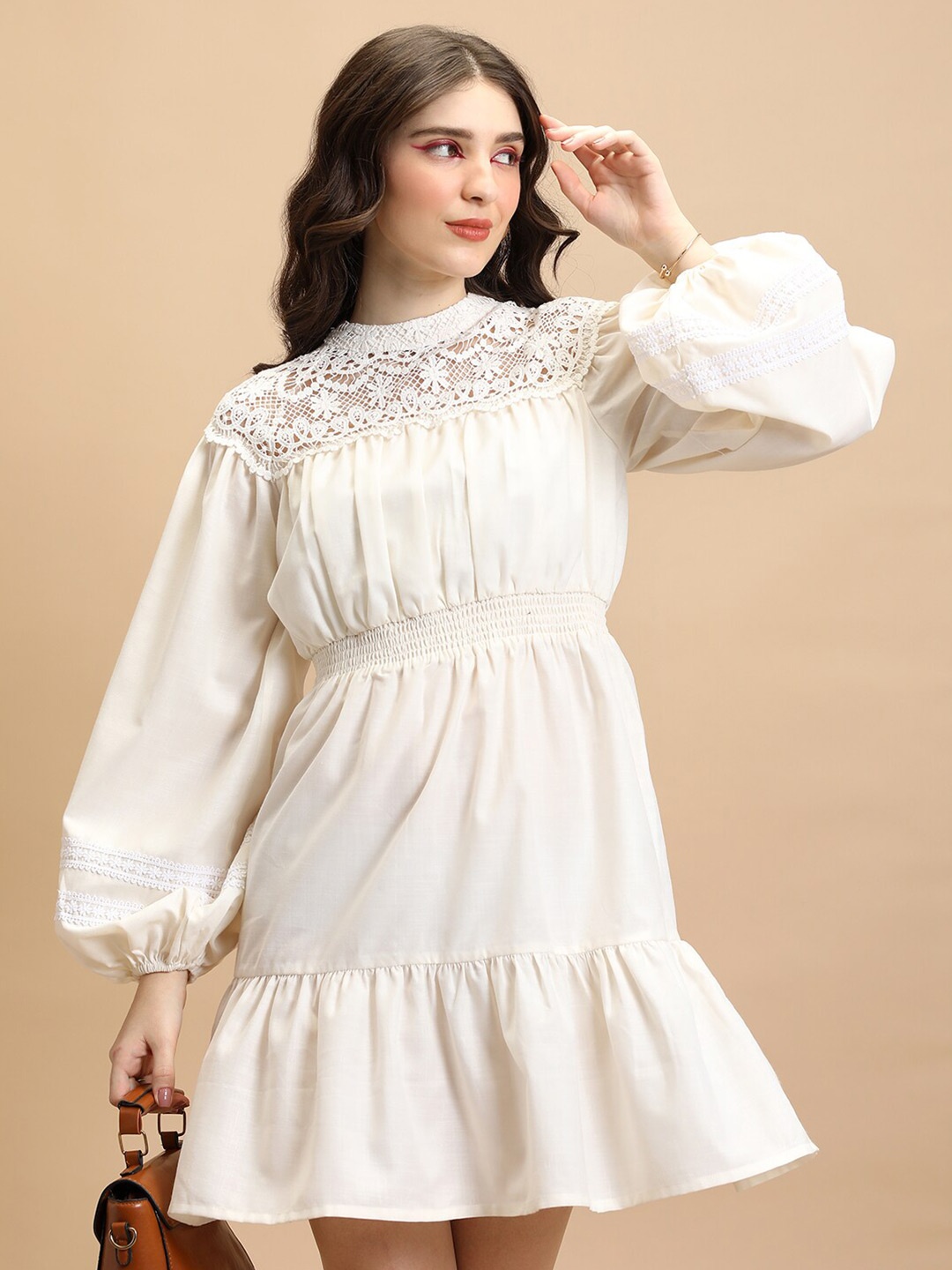 

Tokyo Talkies Cream-Coloured High Neck Puff Sleeves Lace-Inserts Fit & Flare Dress