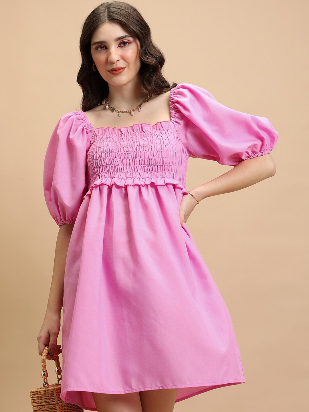 

Tokyo Talkies Pink Puff Sleeve Smocked A-Line Dress