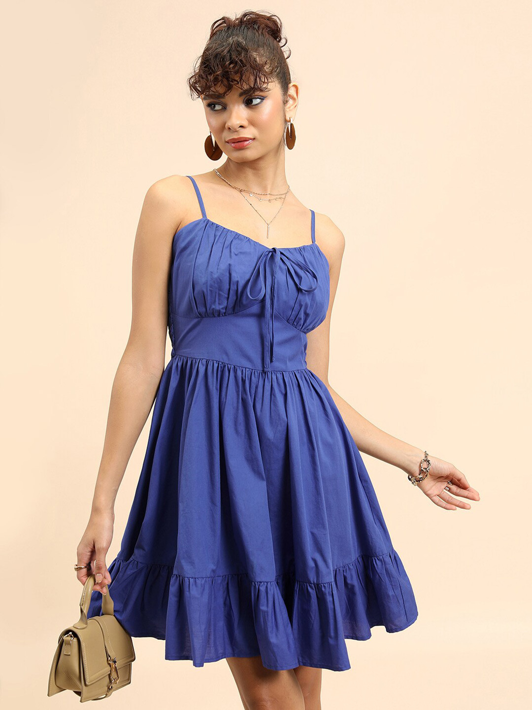 

Tokyo Talkies Blue Shoulder Straps Gathered Detailed Cotton Fit & Flare Dress
