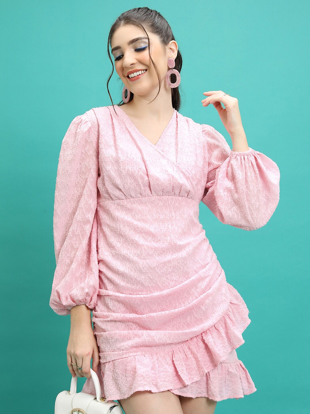 

Tokyo Talkies V-Neck Self Design Ruffles Sheath Dress, Pink