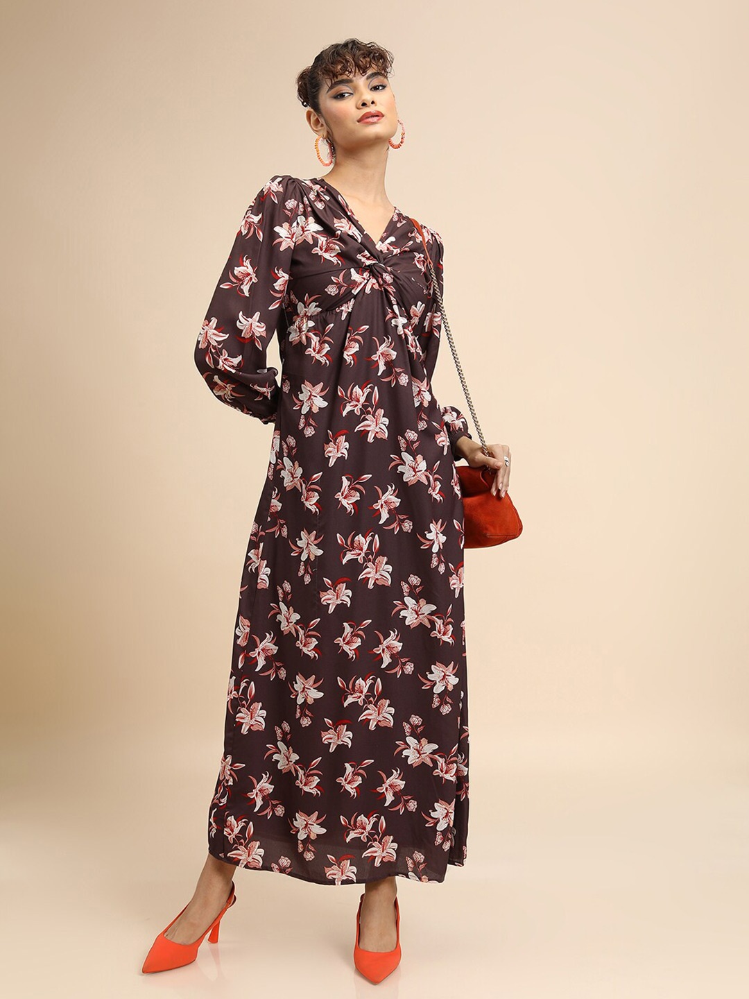 

Tokyo Talkies Maroon Floral Printed Twisted Maxi Dress