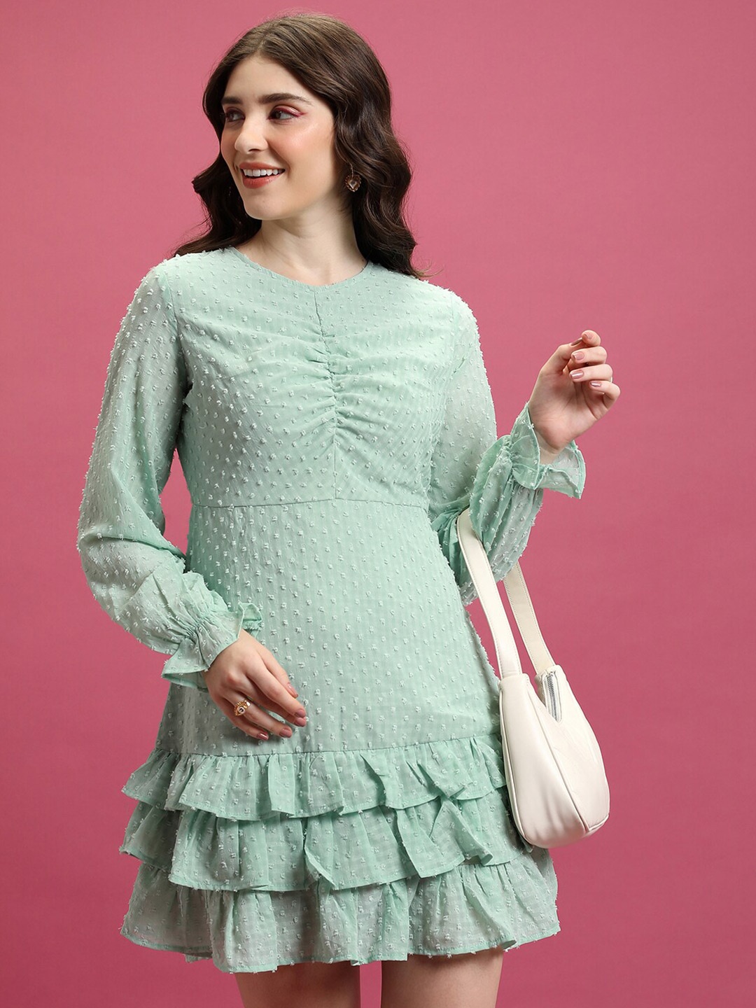 

Tokyo Talkies Green Self Design Puff Sleeves Layered A-Line Dress