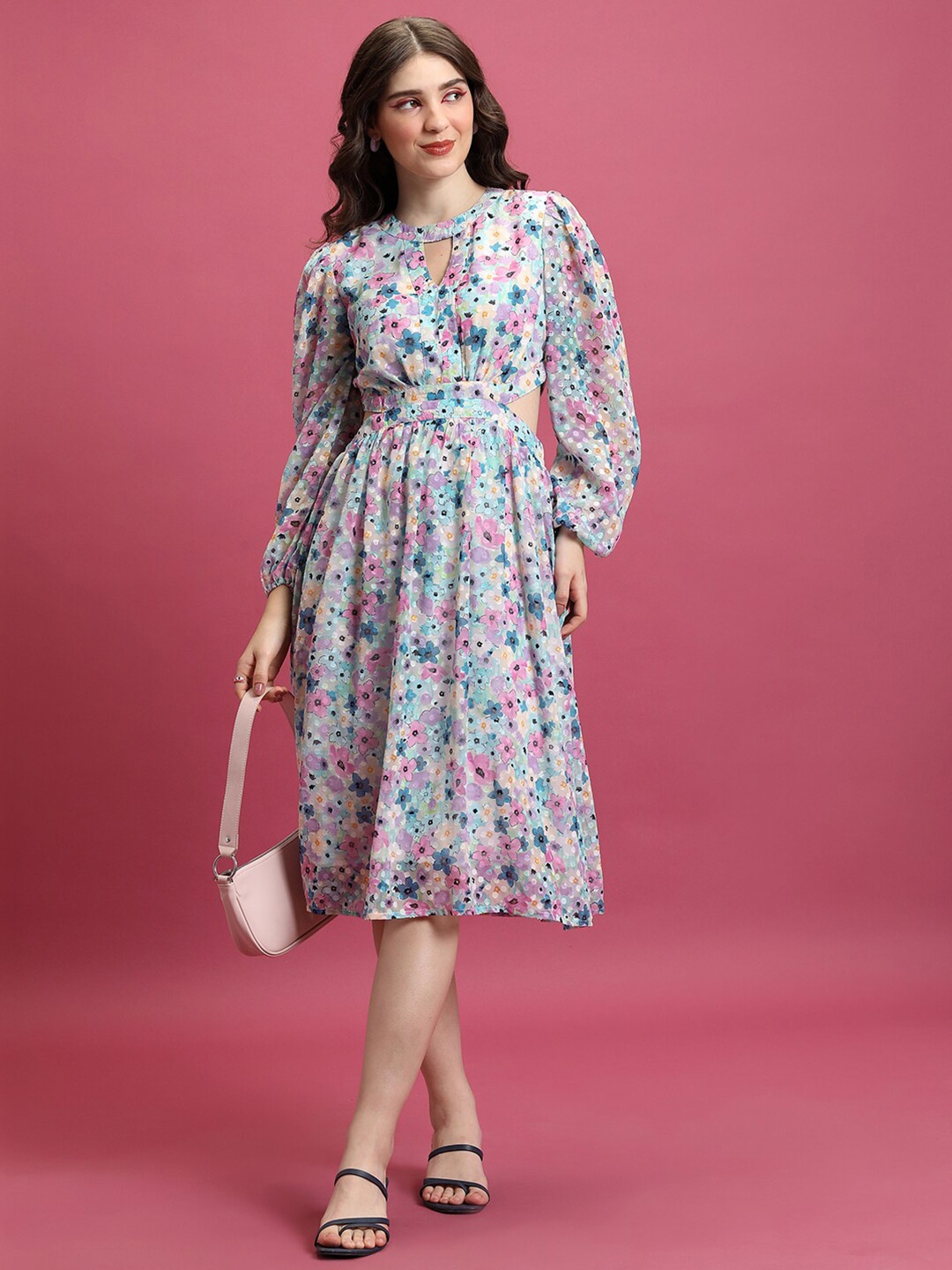 Tokyo Talkies Yellow Floral Printed Cut Out Fit & Flare Midi Dress