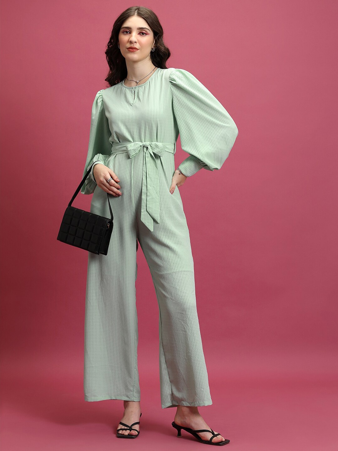 

Tokyo Talkies Green Checked Waist Tie-Ups Basic Jumpsuit