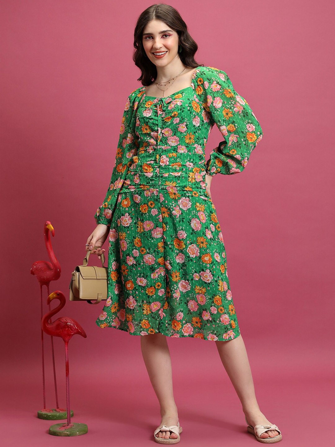 Tokyo Talkies Green & Pink Floral Printed Gathered Detailed Puff Sleeve Fit & Flare Dress