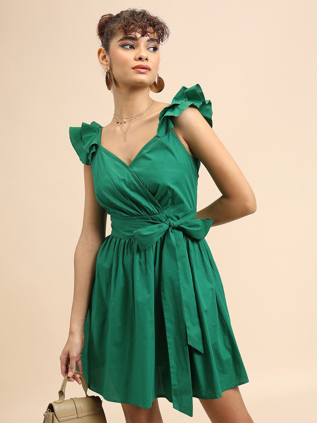 

Tokyo Talkies Green V-Neck Flutter Sleeves Belted Cotton Fit & Flare Dress