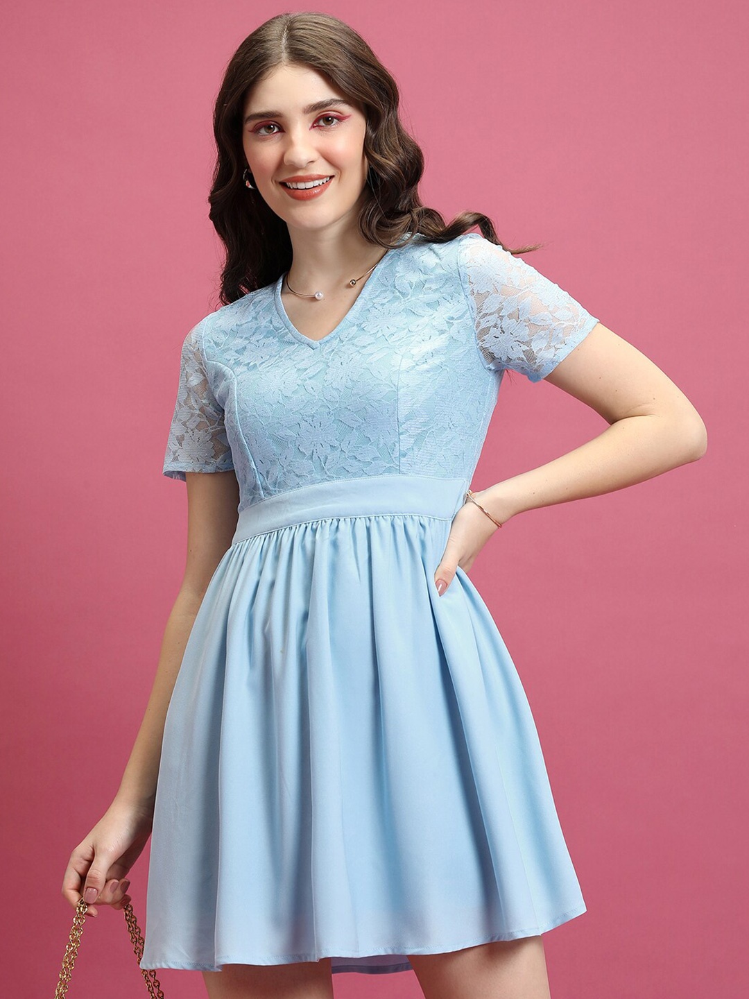 

Tokyo Talkies Blue V-Neck Fit & Flare Mini Dress