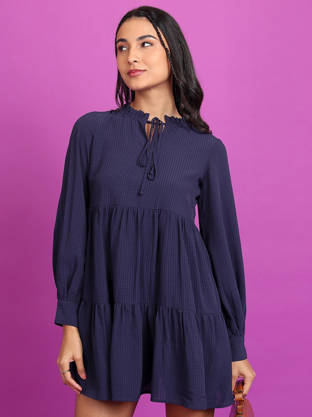 

Tokyo Talkies Navy Blue Checked Tie Up Neck Ruffles Tiered Fit and Flare Dress