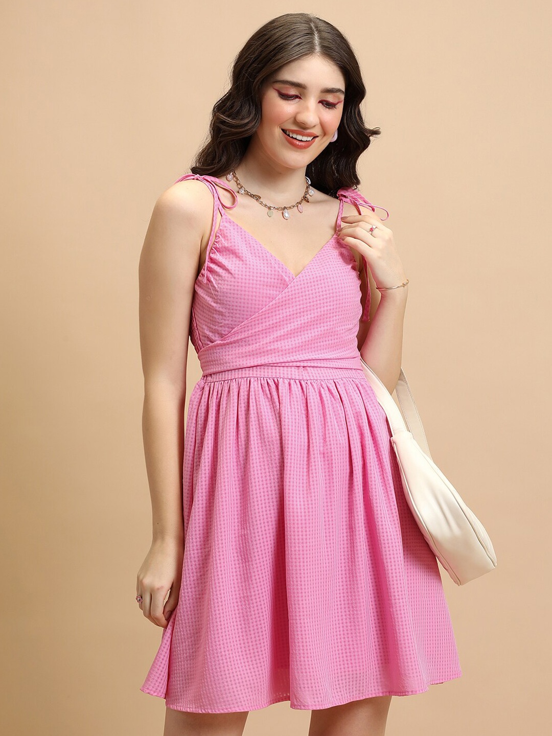 

Tokyo Talkies Pink Checked Shoulder Straps Wrap Dress