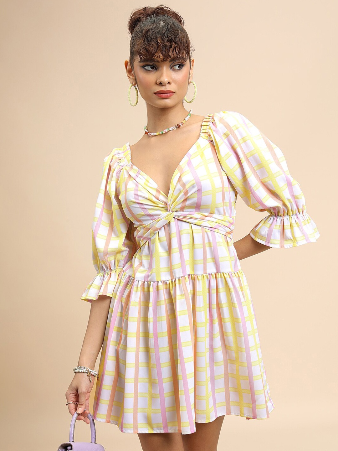 

Tokyo Talkies Checked Bell Sleeve Smocked Fit & Flare Dress, Multi