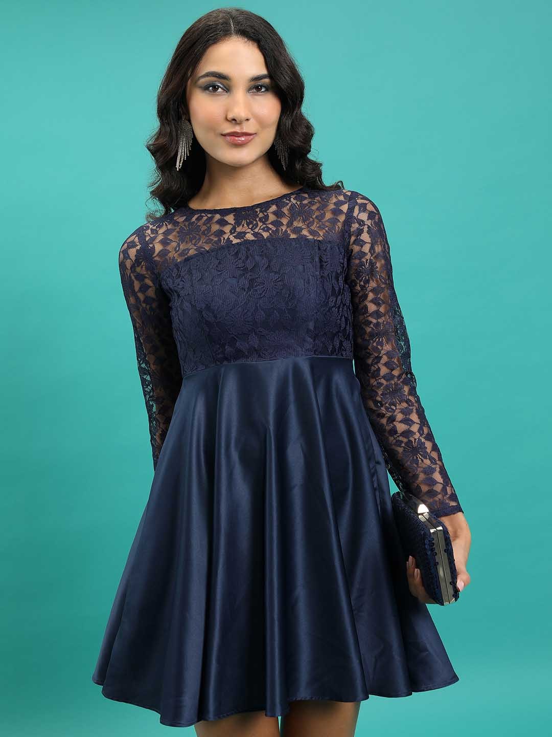 

Tokyo Talkies Navy Blue Round Neck Fit & Flare Dress