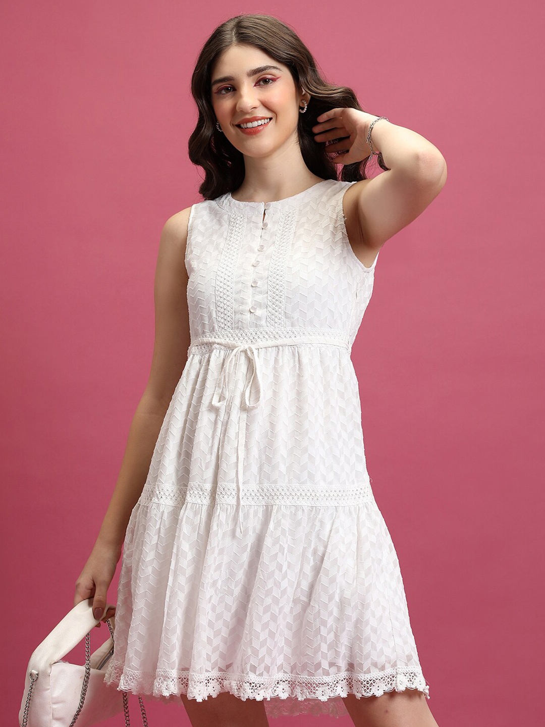 

Tokyo Talkies White Self Design Lace Inserts Tiered A-Line Dress
