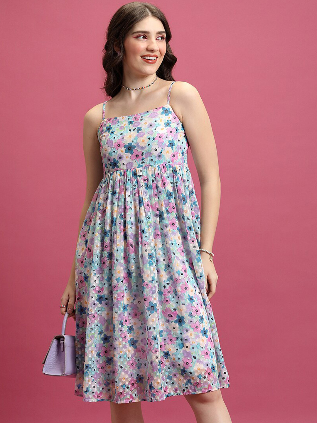 

Tokyo Talkies Blue Floral Printed Shoulder Straps Fit & Flare Dress