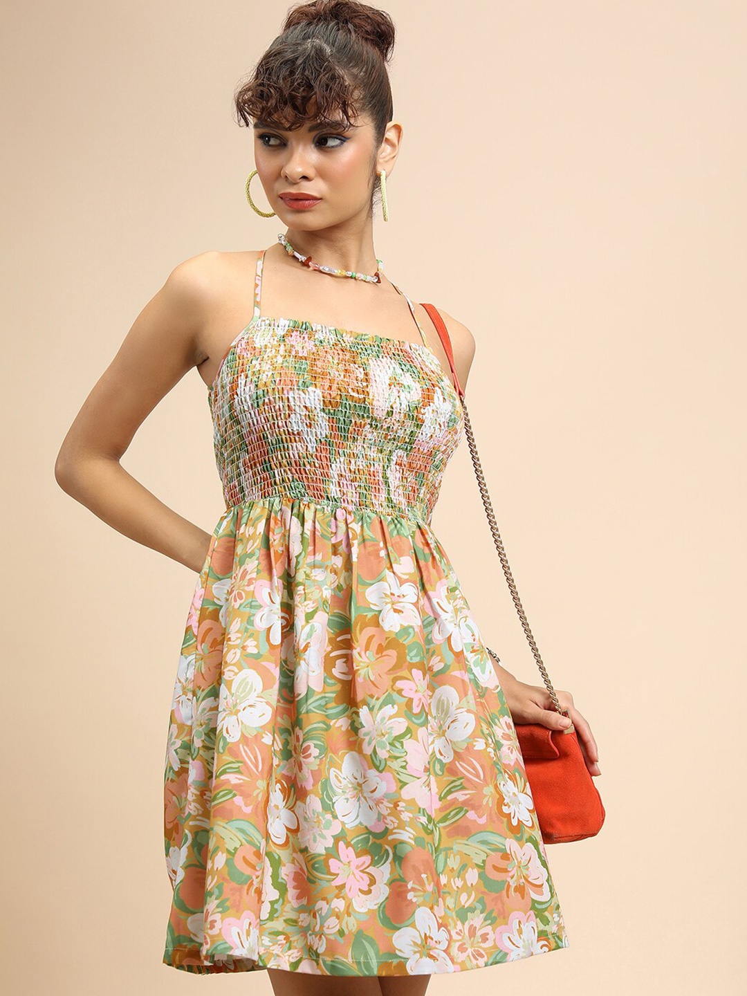 

Tokyo Talkies White Floral Printed Shoulder Straps Smocked Fit and Flare Dress