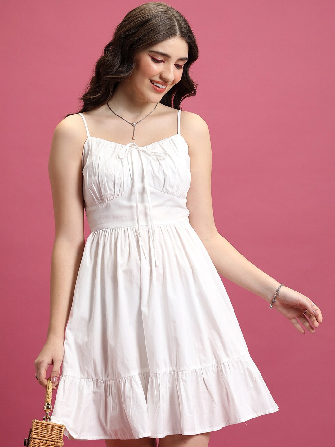 

Tokyo Talkies White Smocked Detailed Shoulder Straps Cotton Fit & Flare Dress