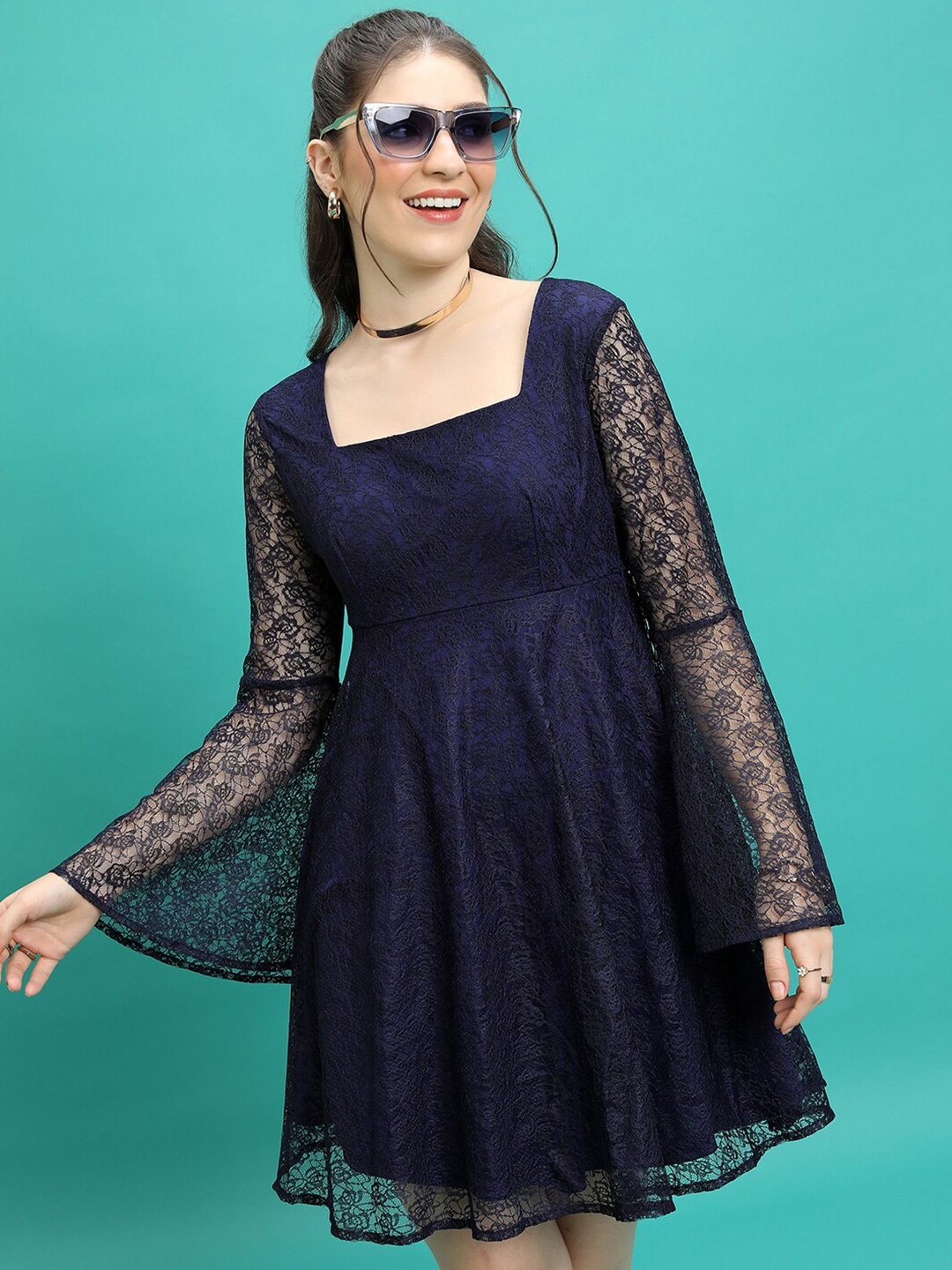 

Tokyo Talkies Navy Blue Self Design Square Neck Bell Sleeves Fit & Flare Dress