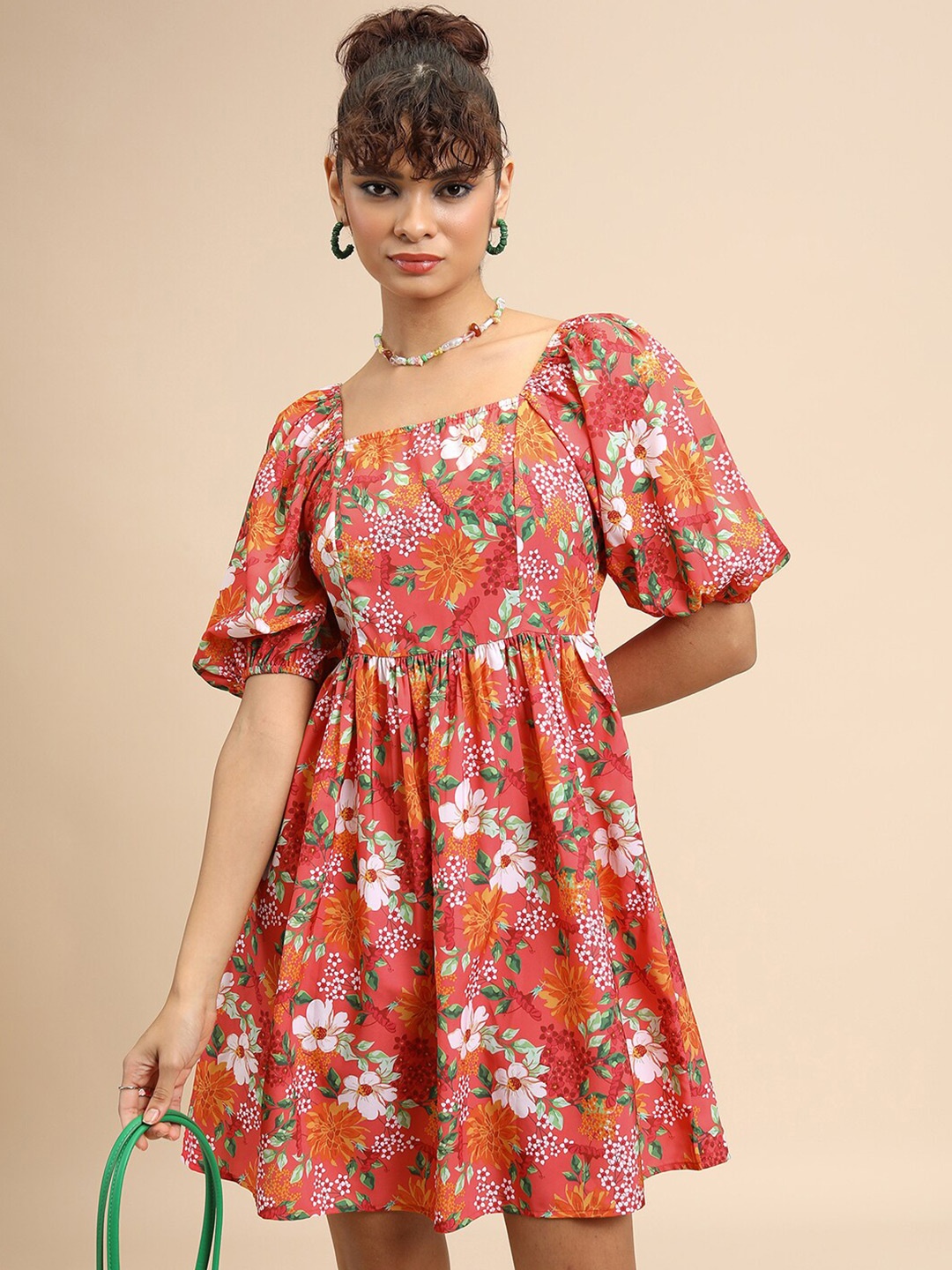 

Tokyo Talkies Red Floral Print Square Neck Puff Sleeves Gathered Fit & Flare Dress