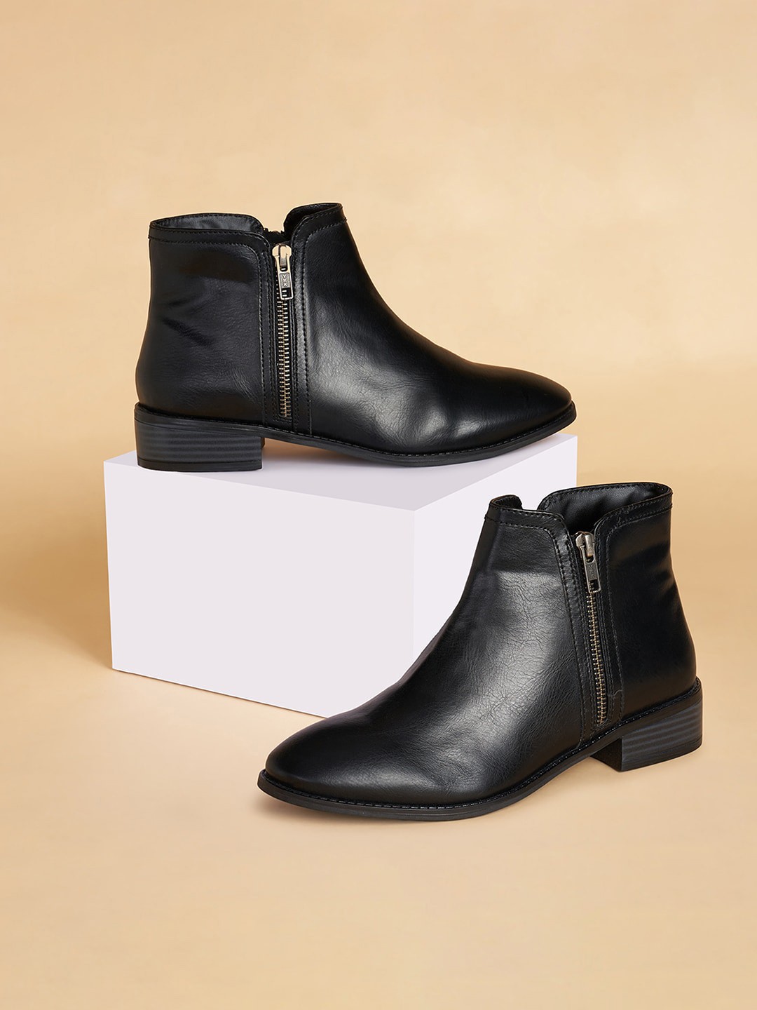

Forever Glam by Pantaloons Women Textured Block Heeled Mid-Top Regular Boots, Black