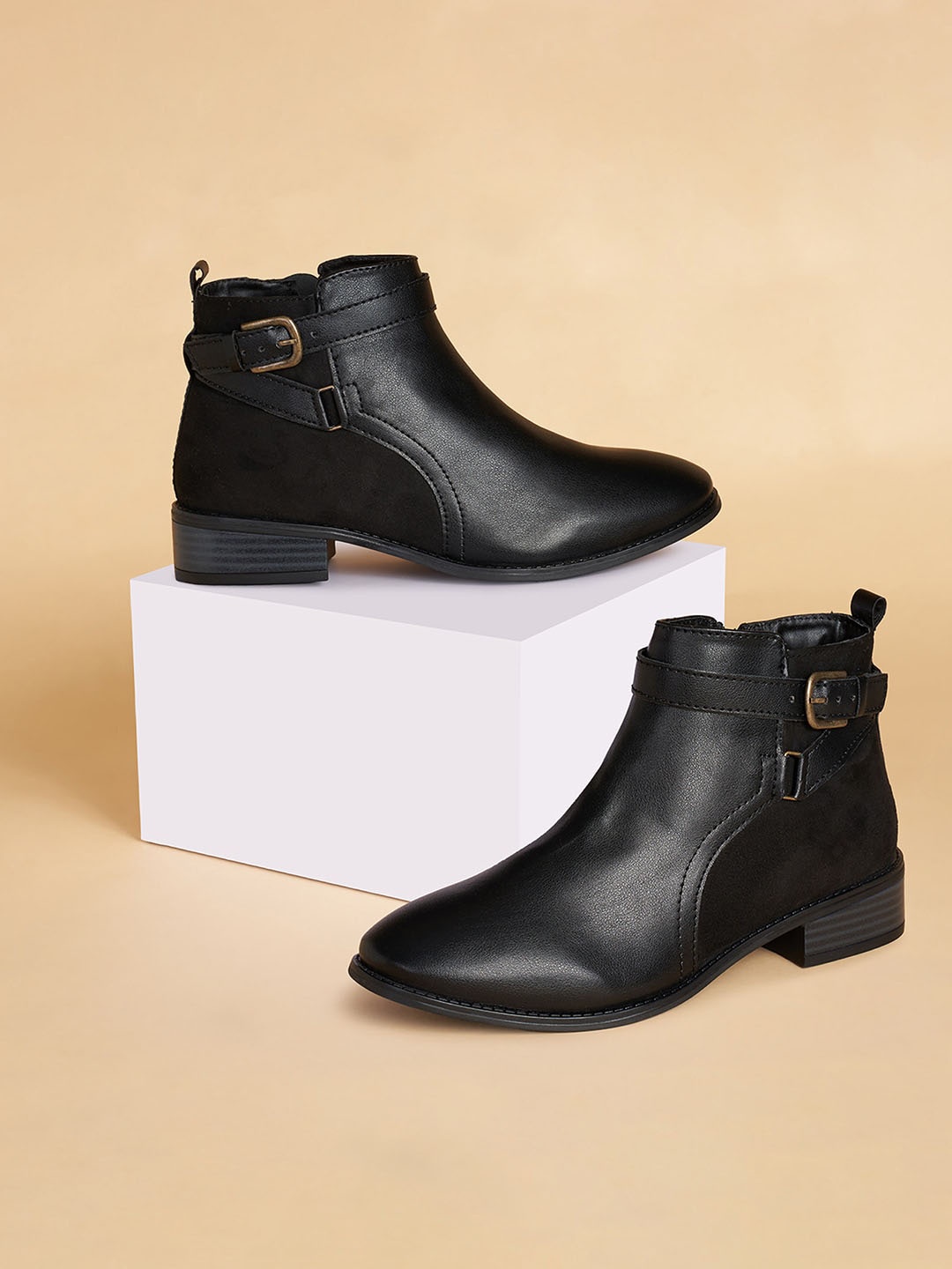 

Forever Glam by Pantaloons Women Textured Heeled Buckle Detail Mid-Top Regular Boots, Black