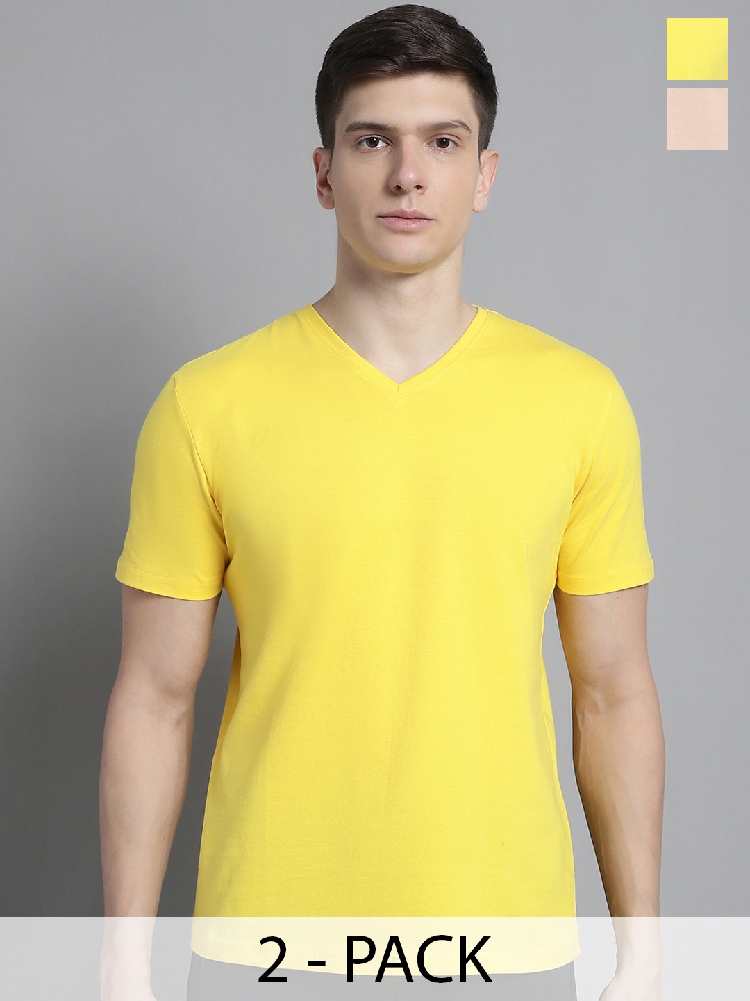 

FBAR Men Yellow V-Neck Raw Edge Slim Fit T-shirt