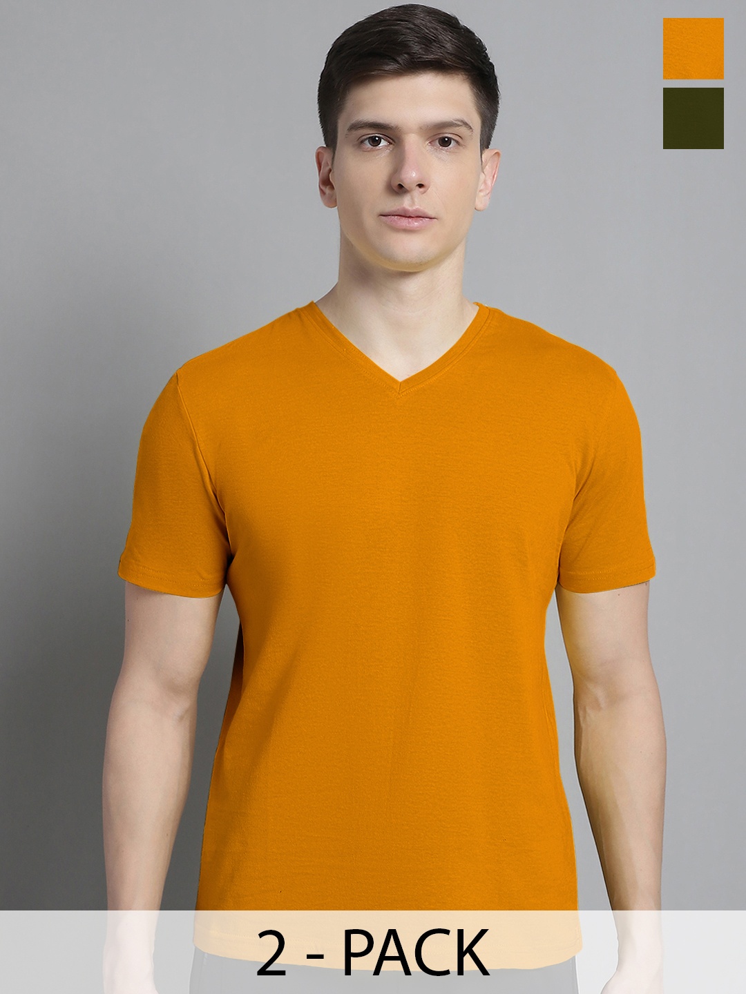 

FBAR Men Mustard Yellow V-Neck Pockets Slim Fit T-shirt