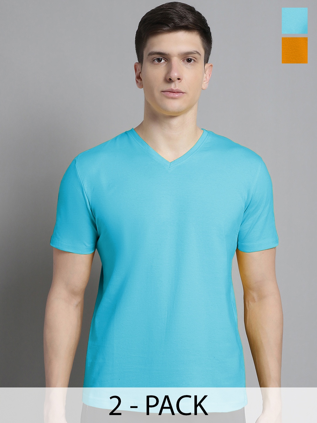 

FBAR Men Turquoise Blue V-Neck Pockets Slim Fit T-shirt