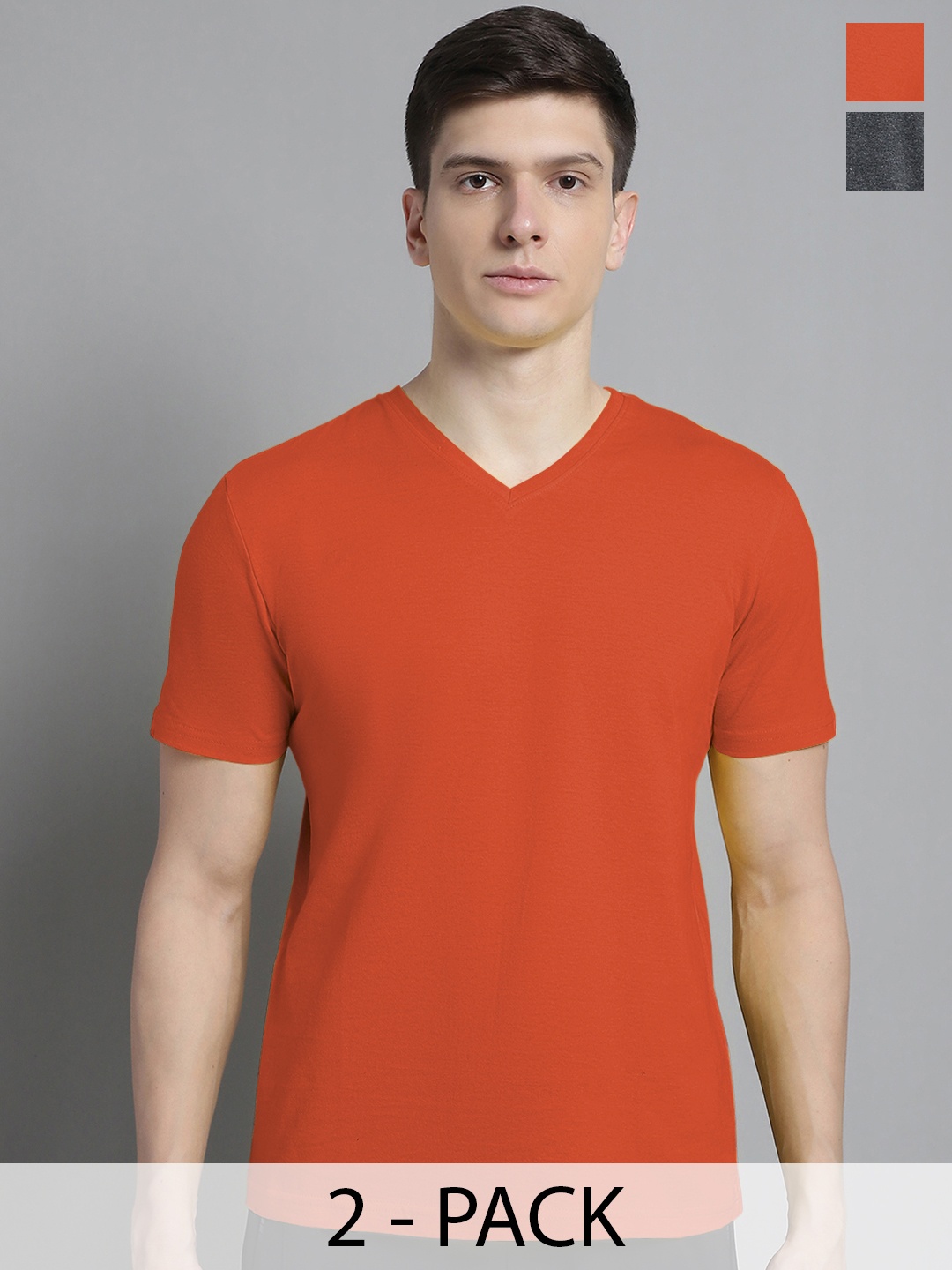 

FBAR Men Orange V-Neck Pockets Slim Fit T-shirt