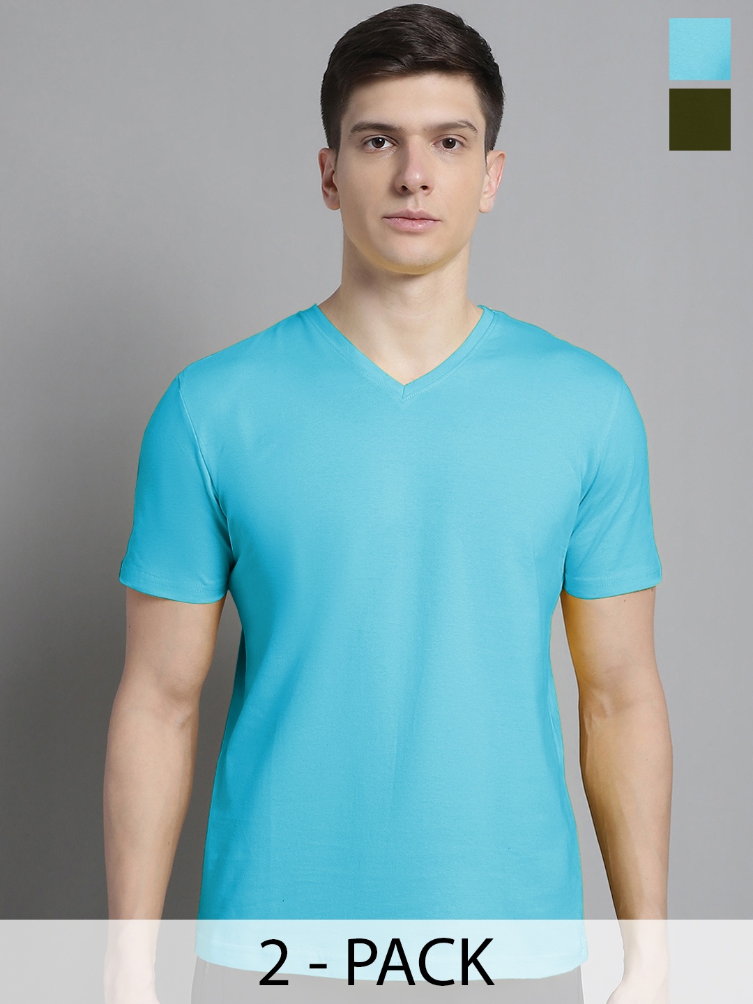 

FBAR Men Turquoise Blue V-Neck Pockets Slim Fit T-shirt