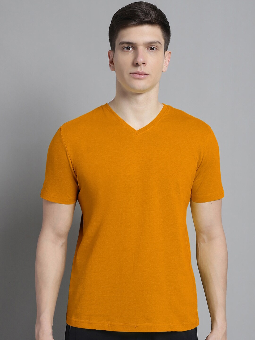 FBAR V-Neck Slim Fit Pure Cotton Tshirt, Mustard