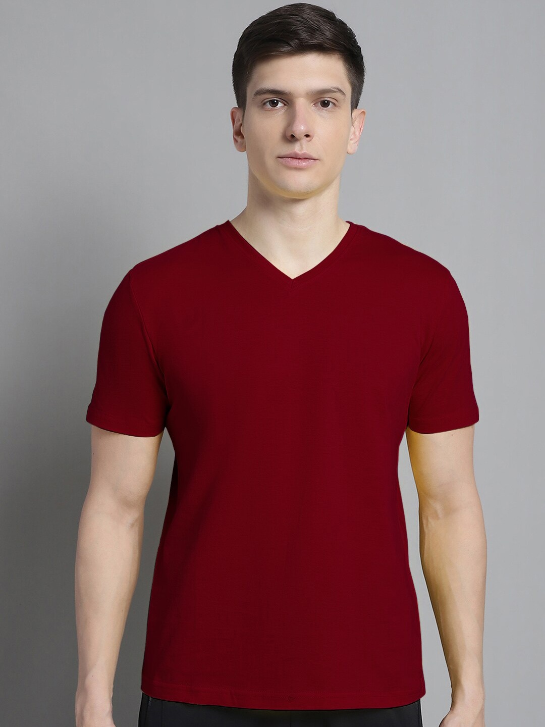 FBAR V-Neck Pure Cotton Bio Wash Slim Fit Sports T-shirt, Maroon